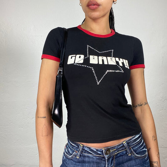 Vintage 2000's Phard Downtown Girl Black Baby Tee with Go Baby Print Rhinestone Star Embroidery and Red Trim Details (S)