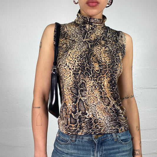 Vintage 2000's Glamorous Brown Toned Leo Print Shimmer Turtleneck Sleeveless Top (M)