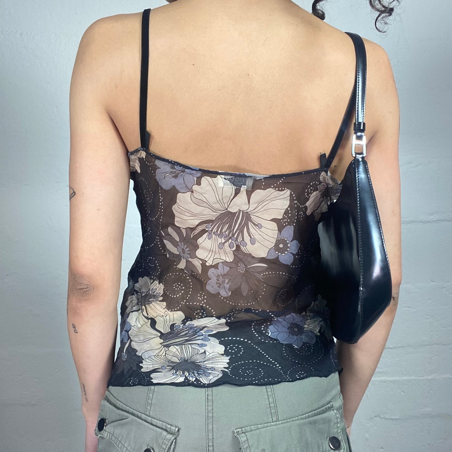 Vintage 2000's Romantic Midnight Black Chiffon Cami Top with Navy Blue Floral Print (M)