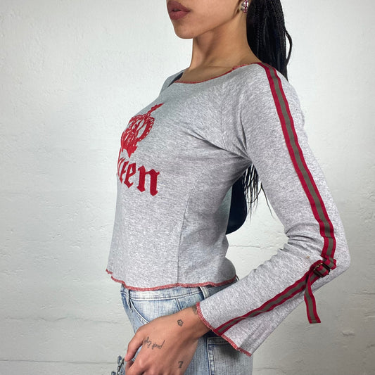 Vintage 2000’s Downtown Girl Grey Longsleeve Top with Red Belted Sleeve Stripes and Queen Print (M)
