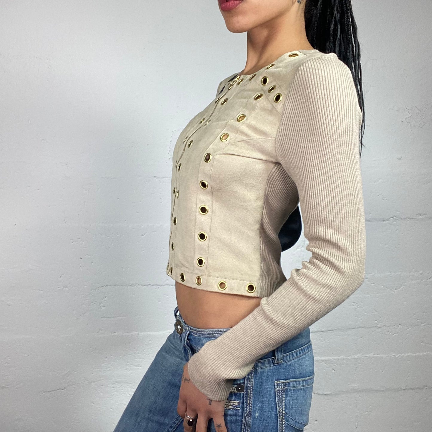 Vintage 2000's Downtown Girl Cold Beige Striped Jersey Longsleeve Zip Up Top with Golden Eyelet Details (S)