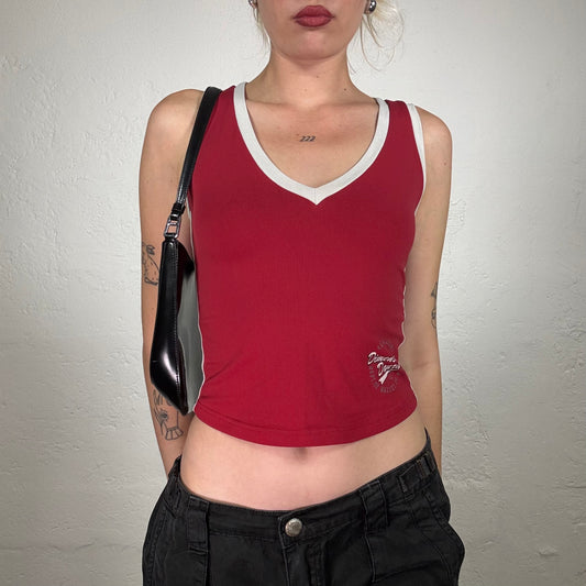 Vintage 2000's Sporty Red V-Neck Tank Tip with White Trim (S)