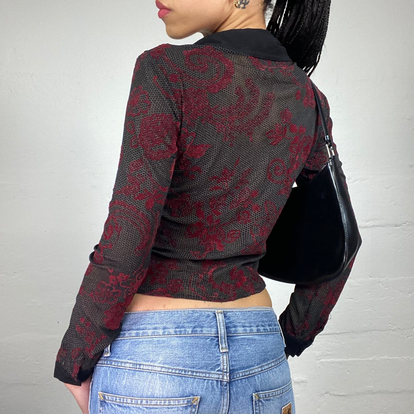 Vintage 2000's Gothic Black Mesh Button Up Collared Shirt with Dark Red Boho Print (L)