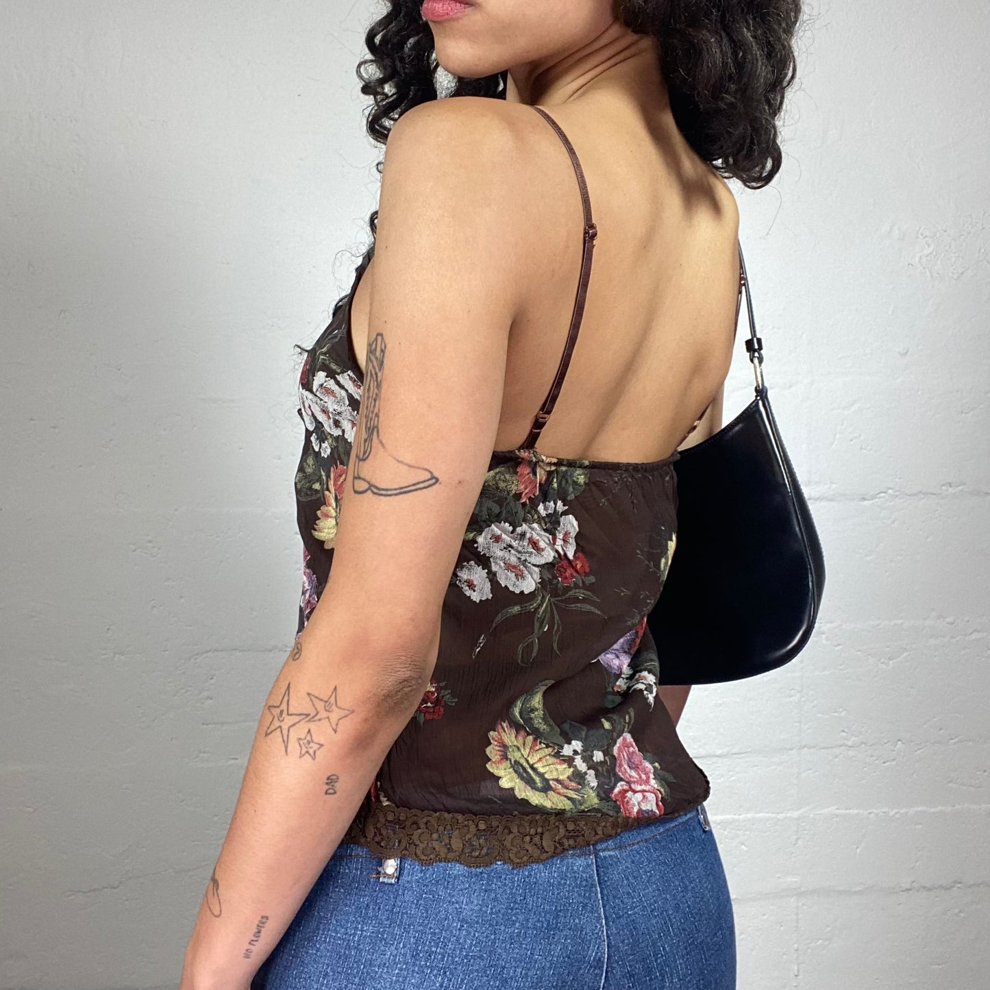 Vintage 2000's Romantic Brown Floral Print Cami Top with Lace Trim (S)