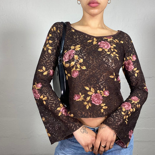 Vintage 2000's Boho Girl Brown Lace Material Floral Print Flare Sleeves Top (S)
