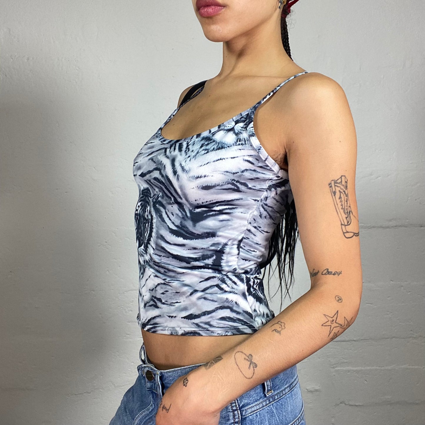 Vintage 2000's Hip-Hop Blue and Grey Tiger Print Cami Top (S)