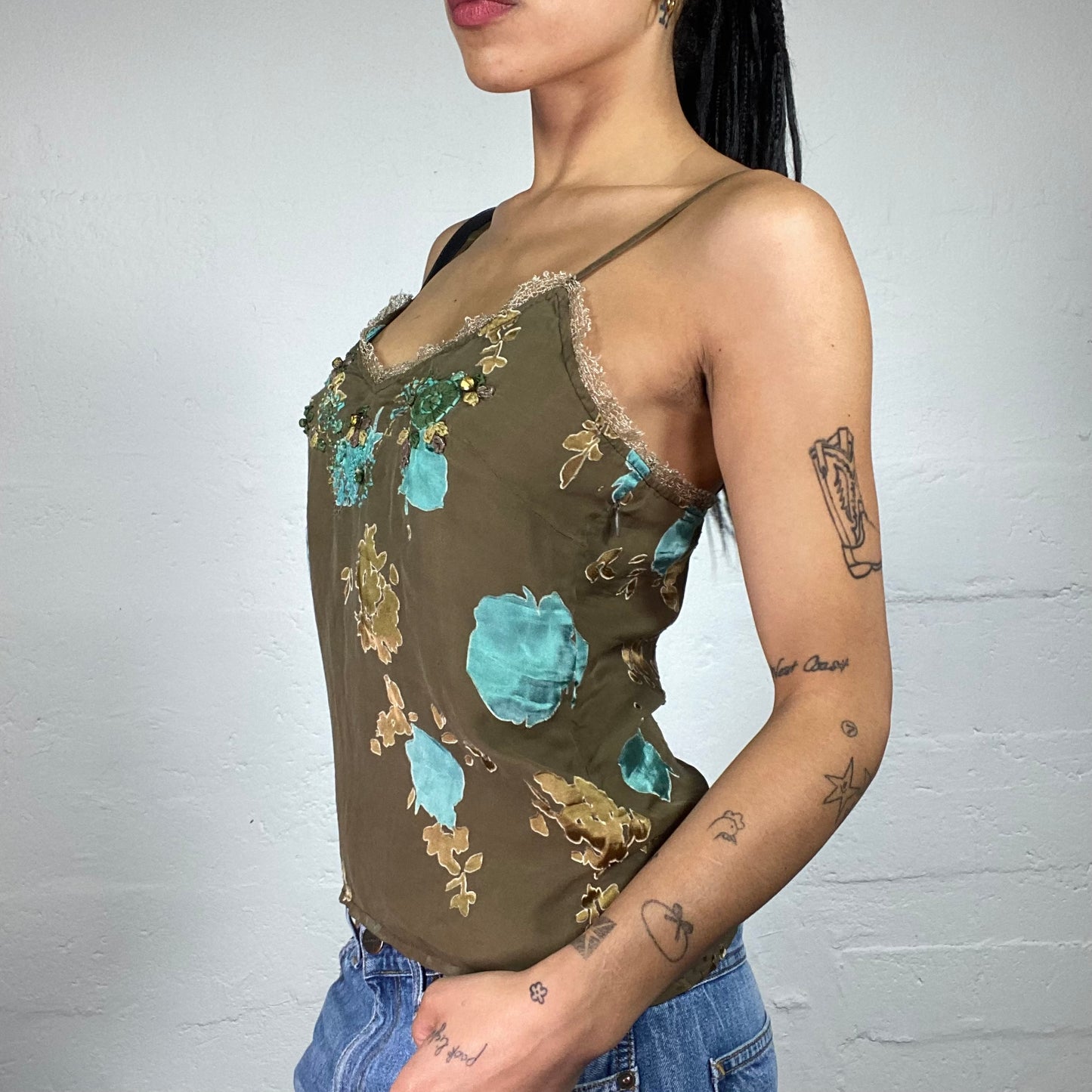 Vintage 2000's Romantic Khaki Green Cami Top with Blue and Beige Floral Embroidery and Ruffled Trim (S)