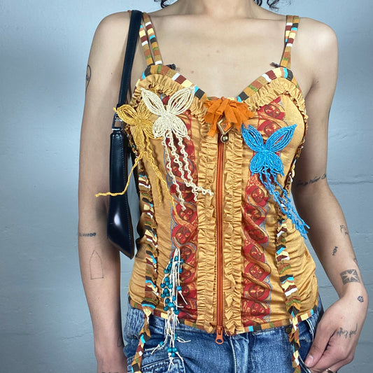 Vintage 2000's Save the queen Yellow Multiple Orange and Blue Embroidery Cami Top (L)
