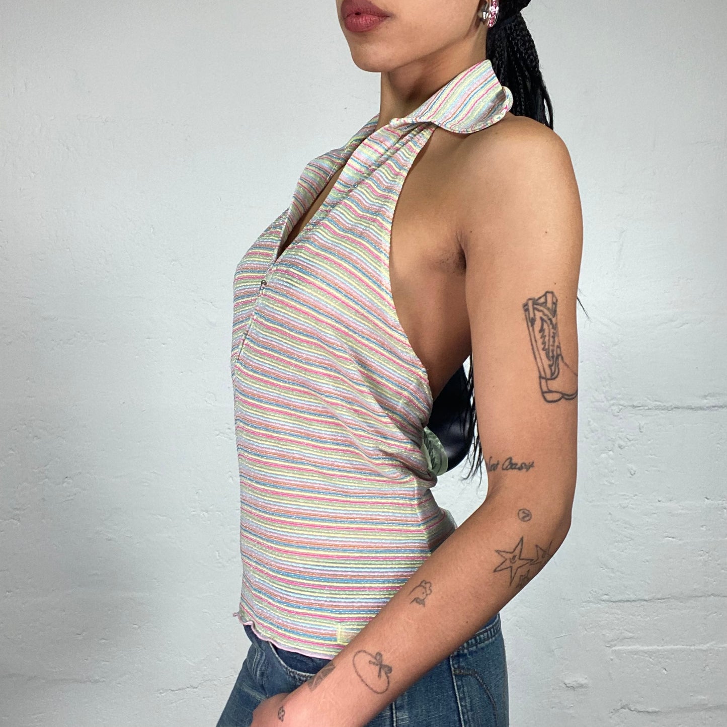 Vintage 2000's Miss Sixty Soft Girl Cream Mesh See Through Glitter Striped Collared Neckholder Top (M)