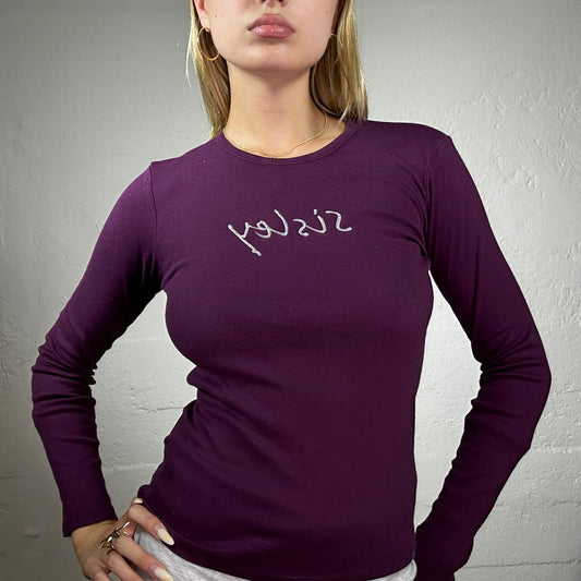 Vintage 2000's Archive Sisley Downtown Girl Deep Purple Longsleeve Top with Logo Embroidery  (XS)