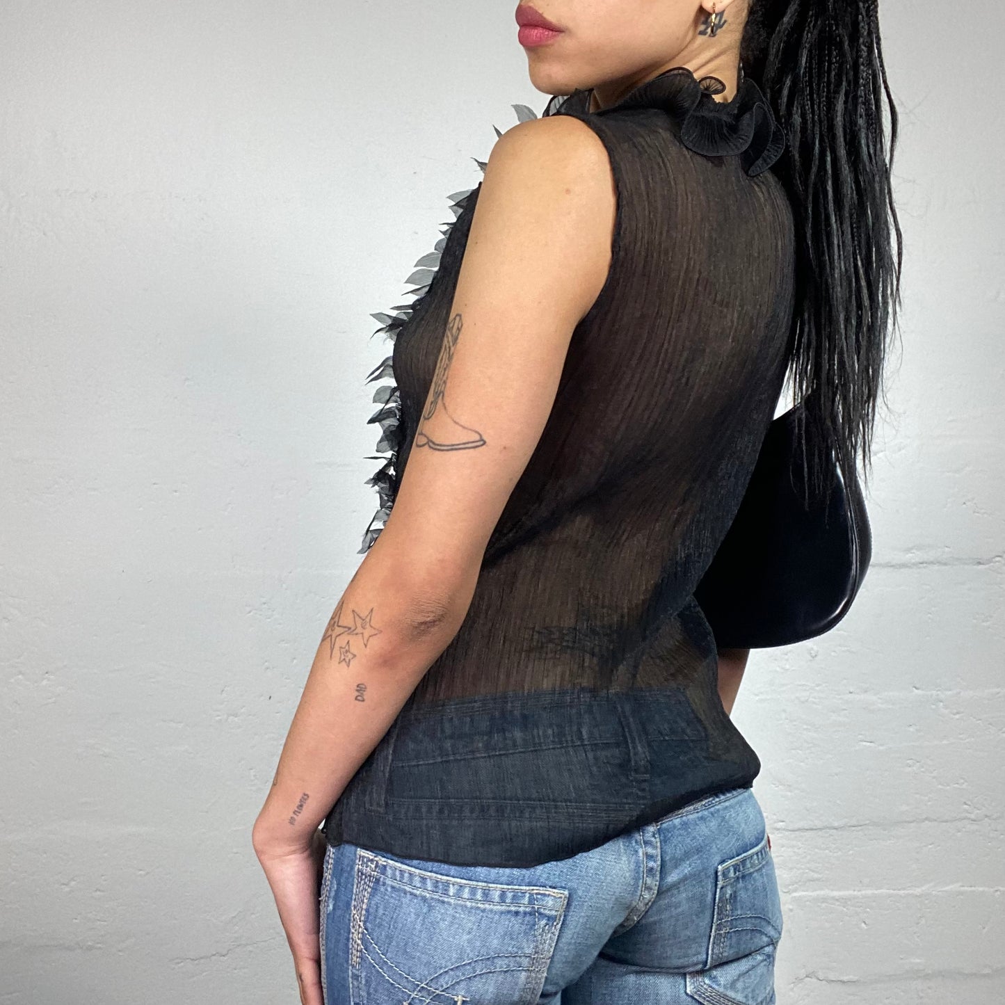 Vintage 2000's Romantic See Through Pleated black Button Up Sleeveless Shirt with Ruffled Embroidery (S)
