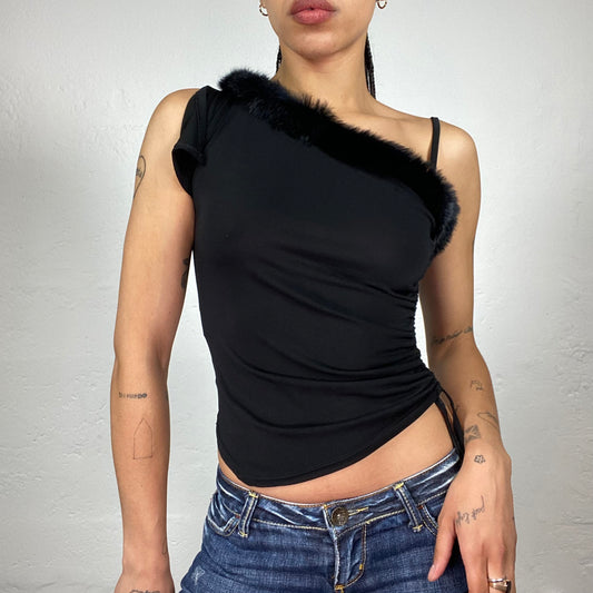 Vintage 2000's Glamorous Black Asymmetric Shoulders Draped Mini Top with Fur Trim (S)