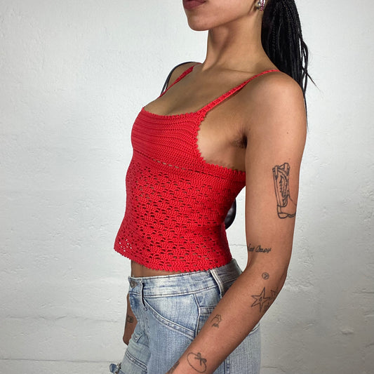 Vintage 2000’s Coffee Date Coral Red Crochet Cropped Cami Top (S)
