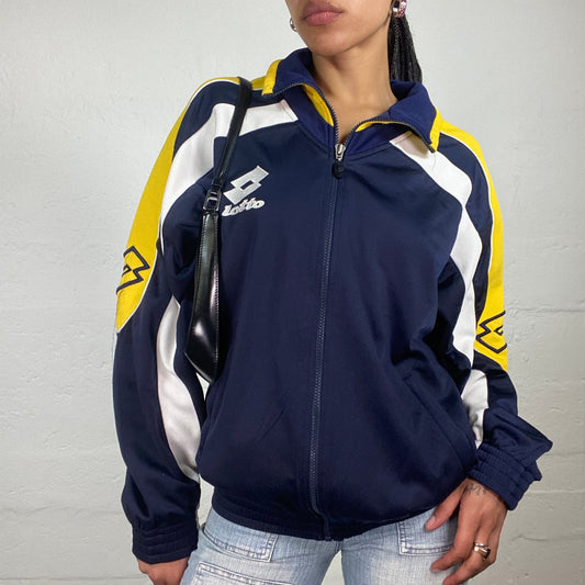 Vintage 2000’s Lotto Sporty Midnight Blue Zip Up Pullover with White and Yellow Print (L)