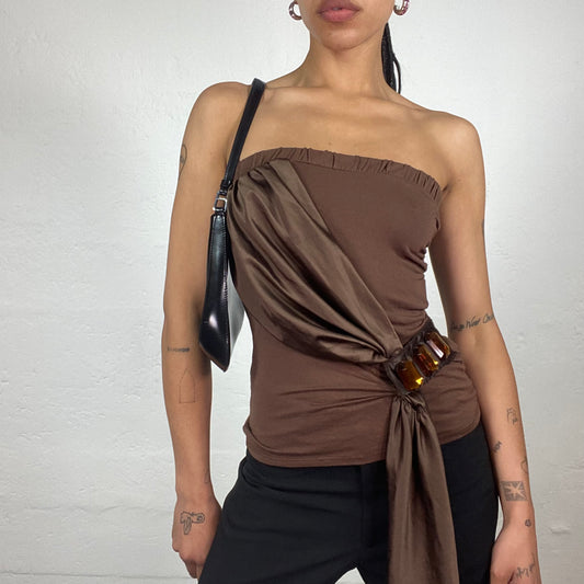 Vintage 2000’s Glamorous Cream Brown Tube Top with Satin Draped Piece and Gemstone Details (S)