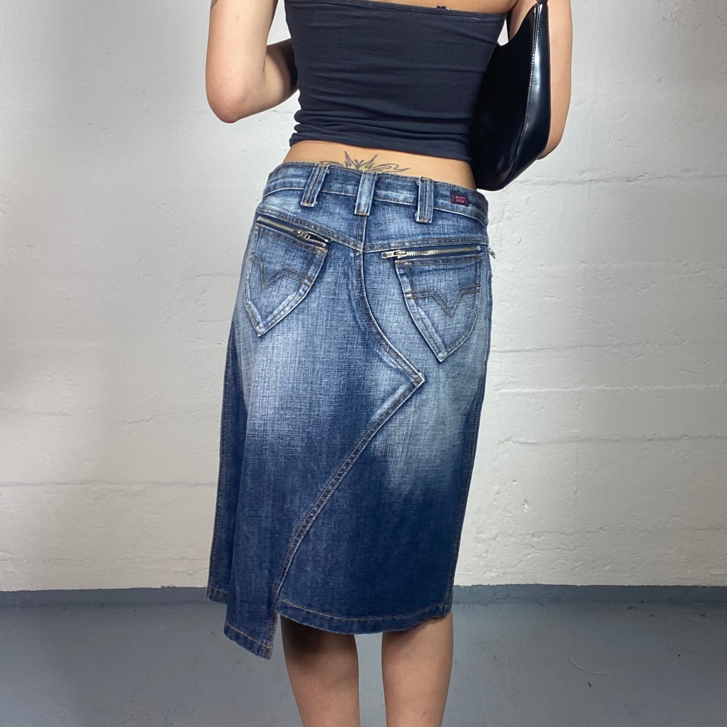 Vintage 2000's Summer Walk Low Waisted Dark Denim Washed Out Effect Asymmetric Midi Skirt (L)