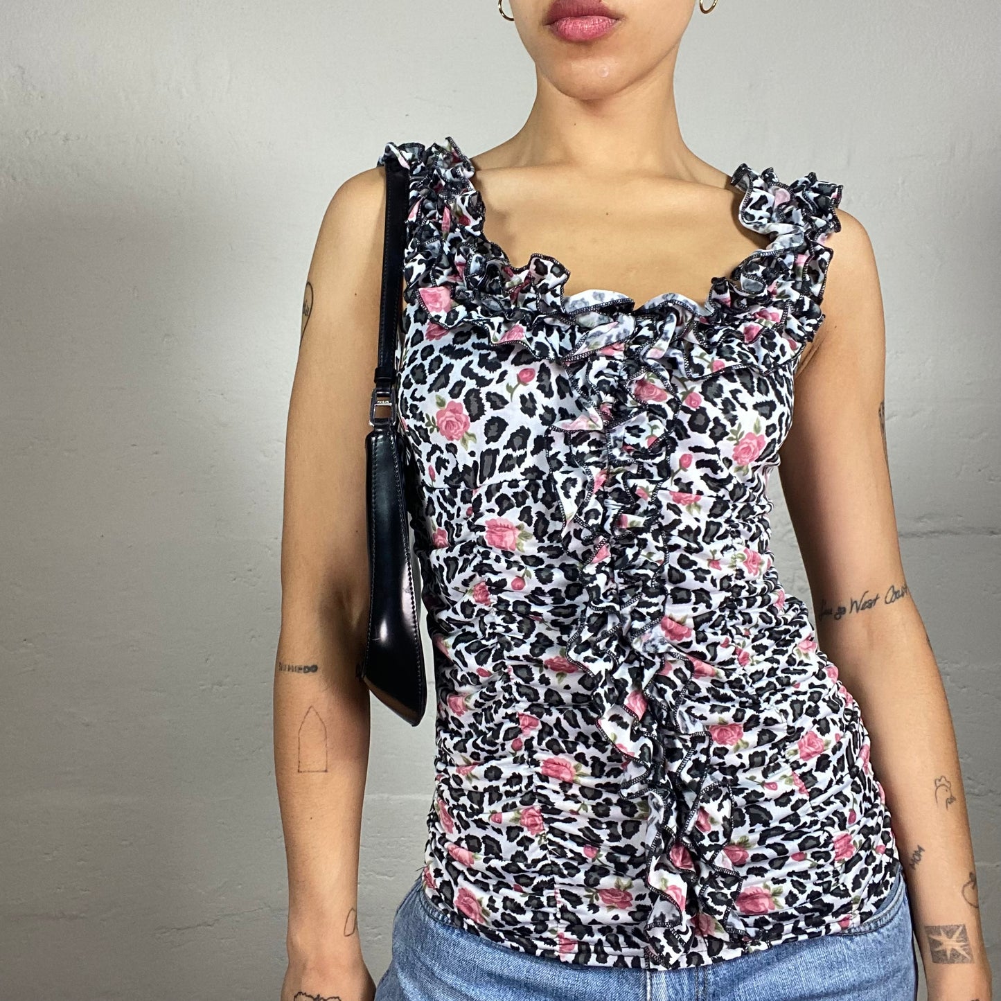 Vintage 2000's Romantic Animal Print Ruffled Decorated Cami Top with Pink Flowers Details (S)