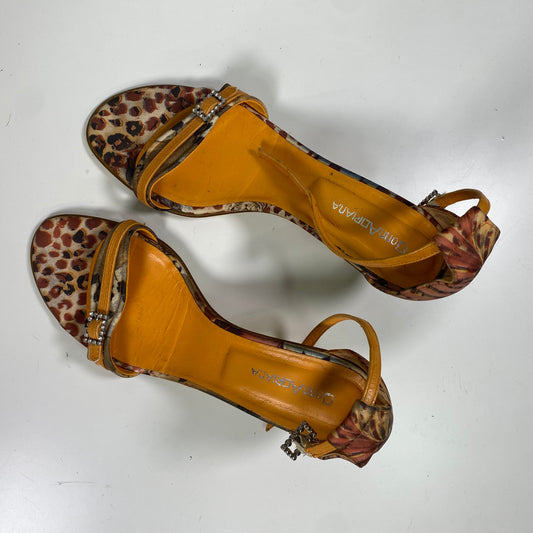 Vintage 2000's Glamorous Yellow and Brown Toned Leo Print Open Toe Heels with Rhinestone Detail (39)