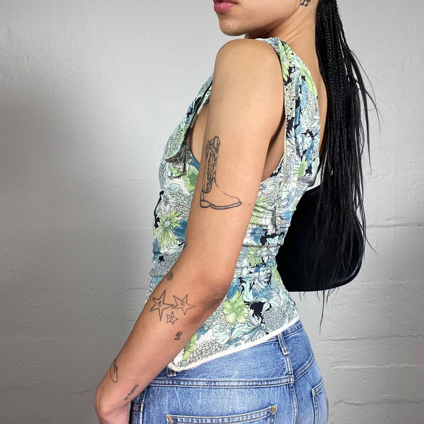 Vintage 2000's Romantic Summer Blue and Green Flower Print One Shoulder Top (M)