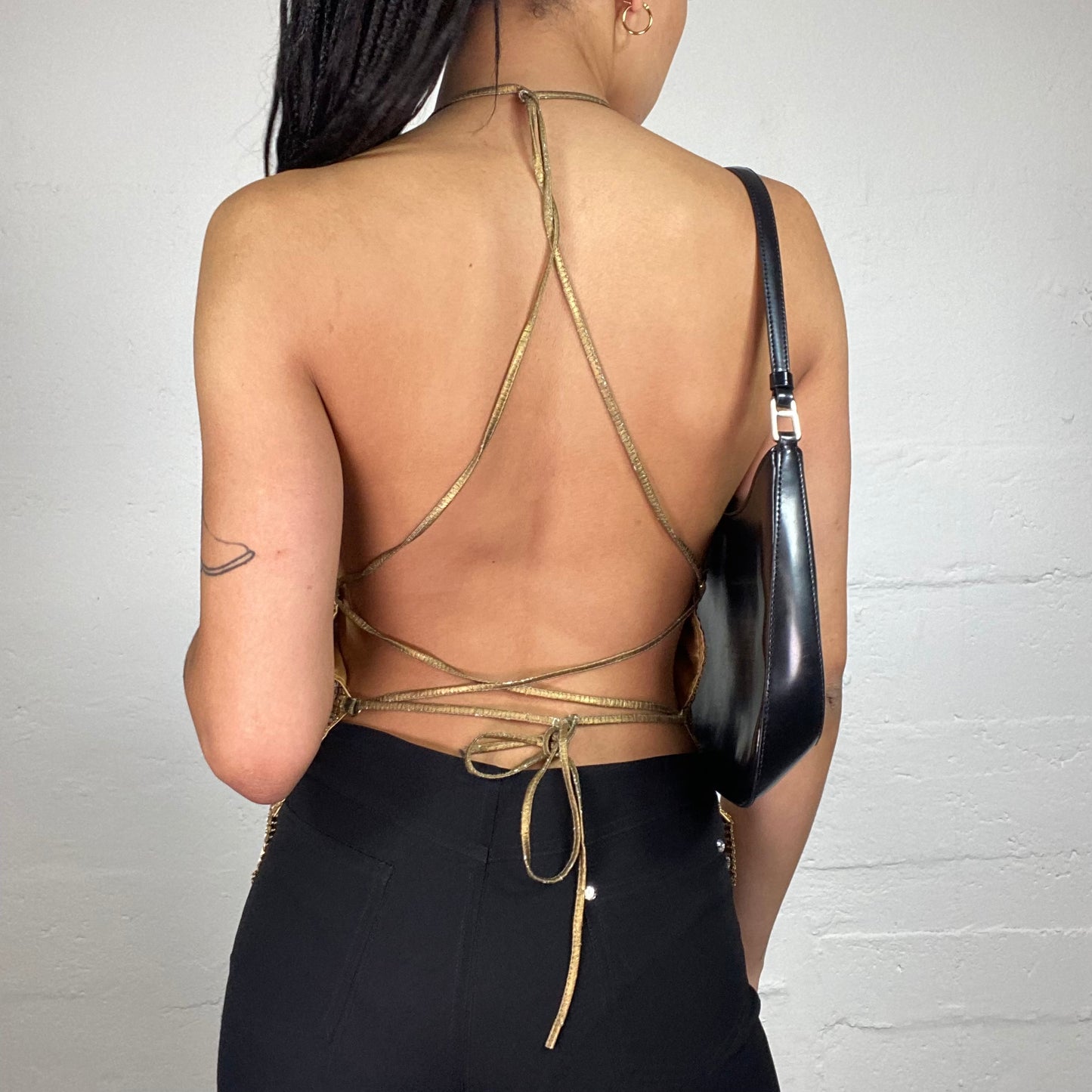 Vintage 2000's Morgan Glamorous Clubwear Golf Metal Net Shiny Draped Snake Skin Effect Neckholder Top with Open Back (S)