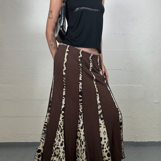 Vintage 2000's Romantic Brown Toned Leo Print Cut Ins Midi Skirt (L)