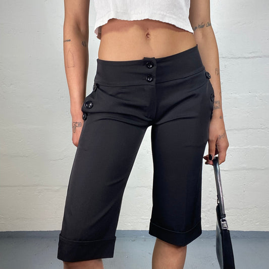 Vintage 2000's Office Girl Black Low Waisted Capri Pants with Decorative Buttons(S)