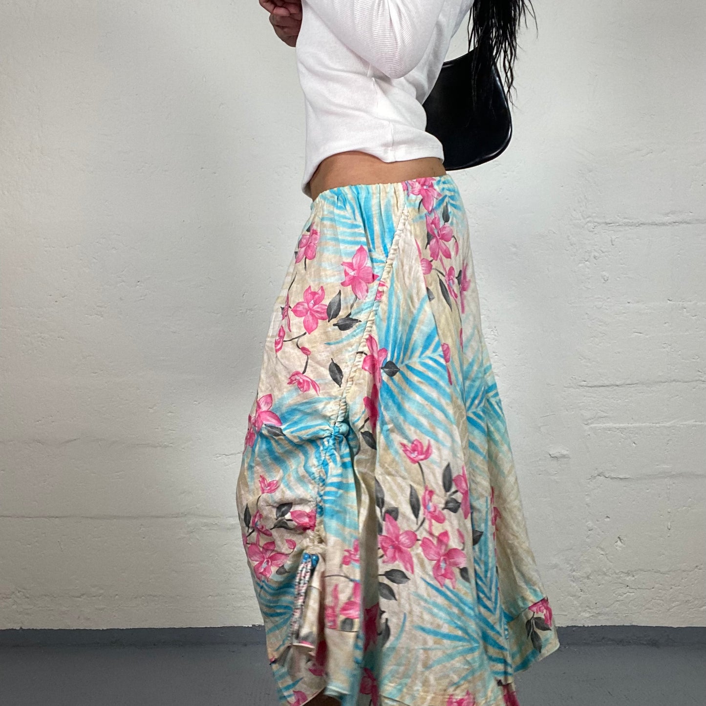Vintage 2000's Summer Girl Beige Maxi Flowy Skirt with Blue and Pink Tropical Print (S)