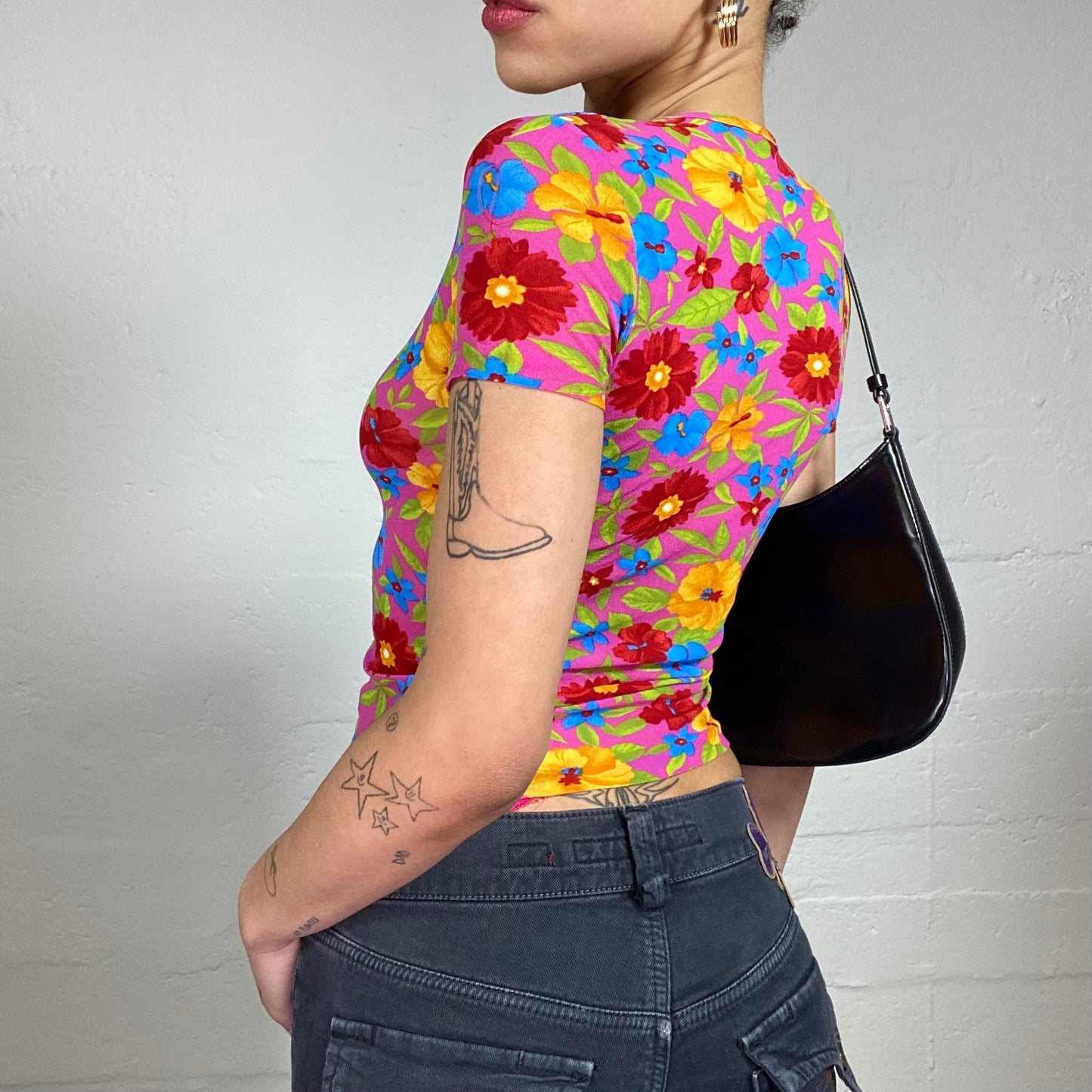 Vintage 2000's Fun Summer Multicoloured Flowers Printed Baby Tee (S)