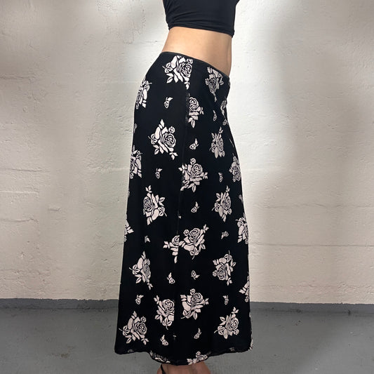 Vintage 2000's Romantic Black Chiffon Maxi Skirt with White Floral Print (S)