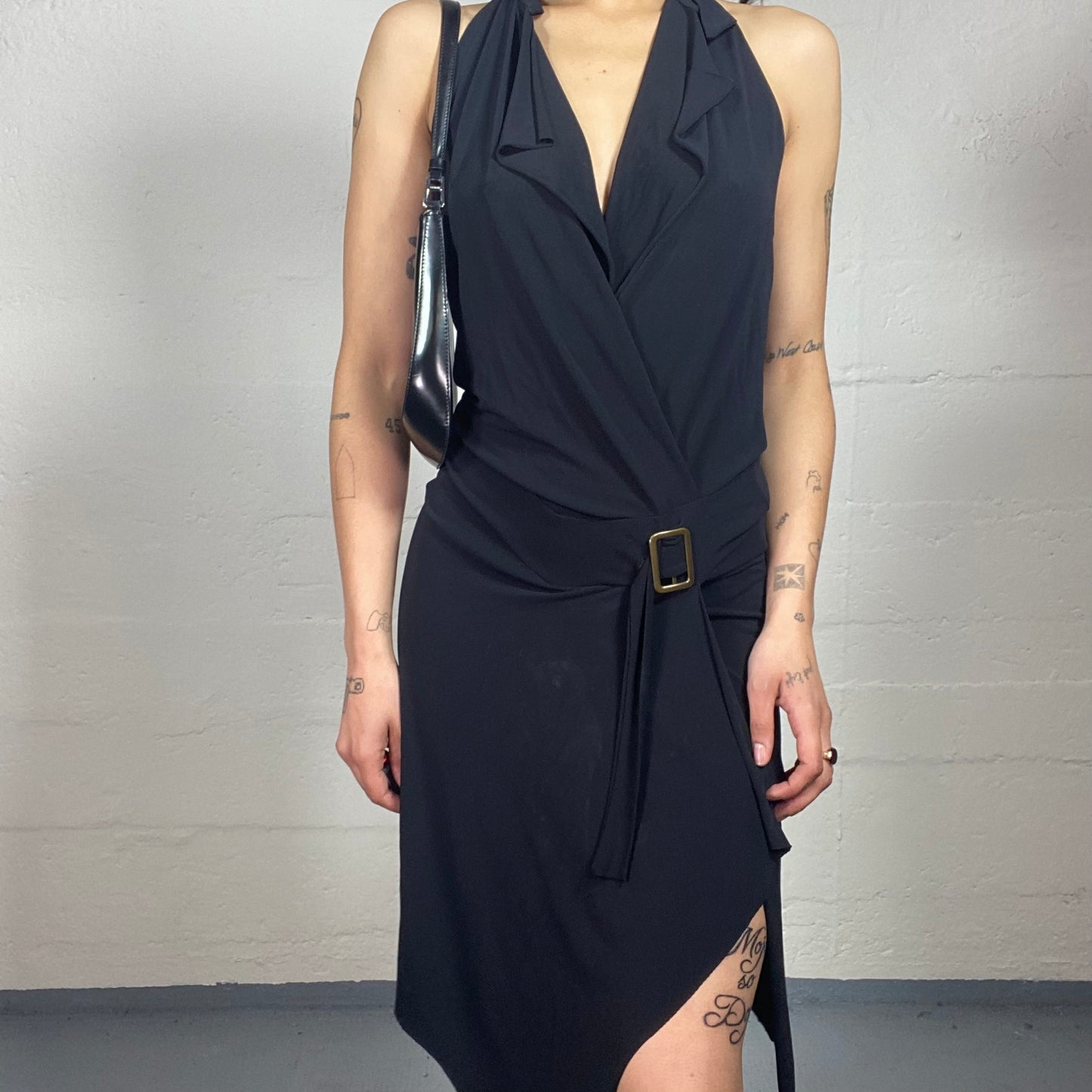 Vintage 2000's Upper East Side Chic Black Neckholder Asymmetric Dress with Low Waisted Belt (S)