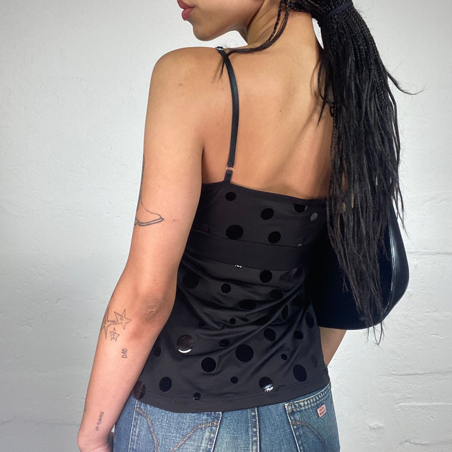 Vintage 2000's Clubwear Black Cami Draped Top with Glossy Polka Dot Patches (S)