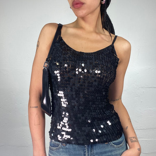 Vintage 2000's Clubwear Black Disco Sequin Covered Cami Top (L)