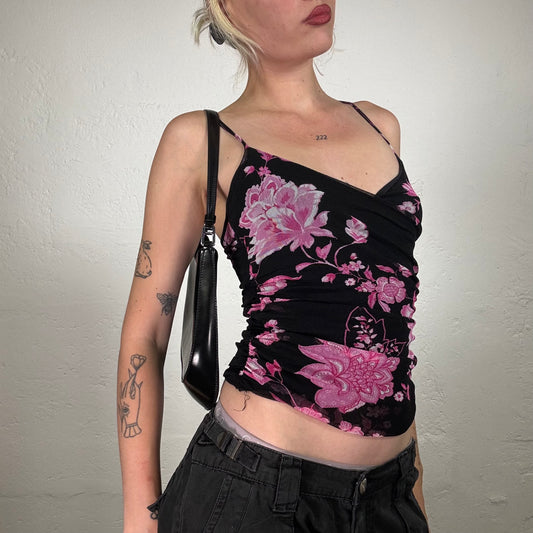Vintage 2000's Romantic Black Chiffon Wrap Up Pink Floral Print Cami Top (S)