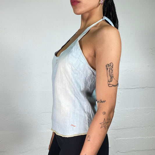 Vintage 2000's Downtown Girl Light Blue Washed Out Denim Neckholder Top (L)