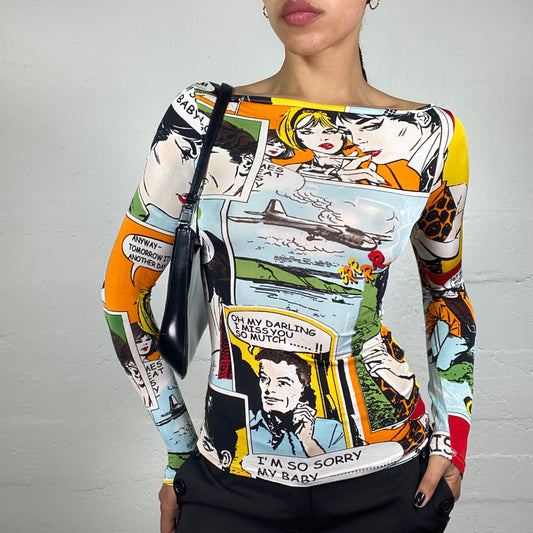 Vintage 2000's Downtown Girl Pop Art Style Multicoloured Print Longsleeve Top (S)