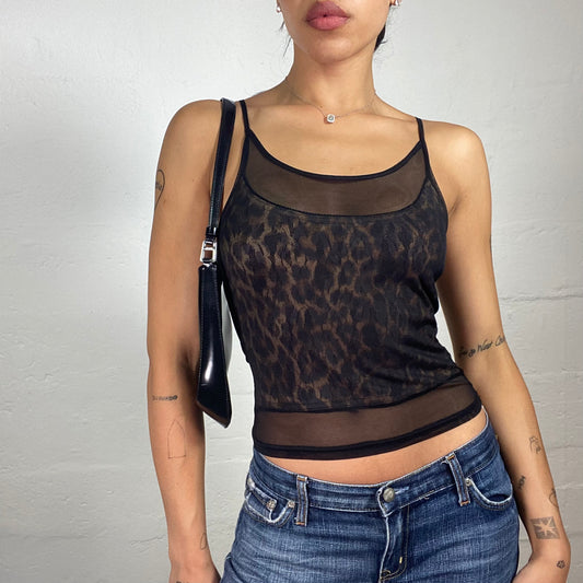 Vintage 2000's Morgan Clubwear Black Mesh See Through Cropped Cami Top with Leo Printed Front (S)