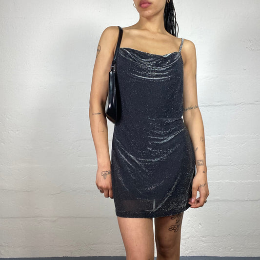 Vintage 2000's Night Out Grey Mini Draped Shiny Shimmer Cami Dress (S)