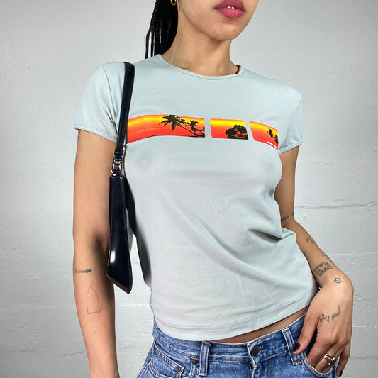 Vintage 2000's Miss Sixty Skater Girl Grey Baby Tee with Palm Sunset Print (XL)