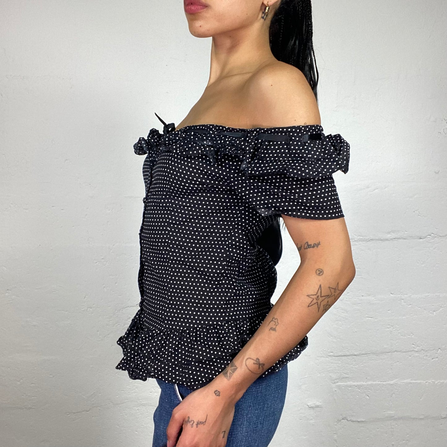 Vintage 2000's Morgan Coquette Black Off Shoulder Button Up Polka Dot Printed Top with Ribbon Detail (M)