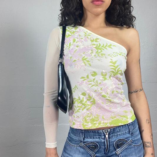 Vintage 2000's Garden Fairy White Mesh Asymmetric Top with Leaves Print (S)