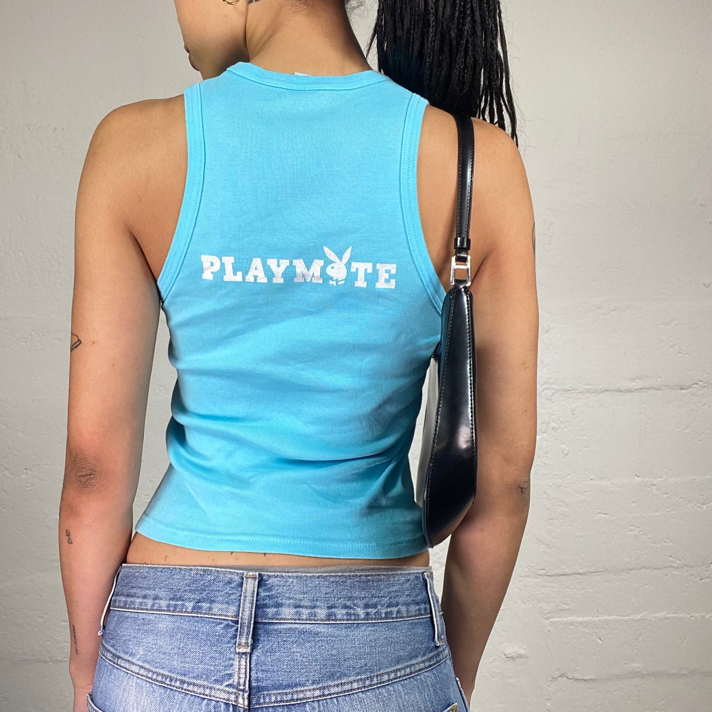 Vintage 2000's Playboy Aquamarine Blue Tank Top with White Logo Print (S)