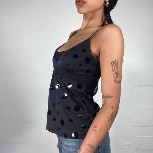 Vintage 2000's Clubwear Black Cami Draped Top with Glossy Polka Dot Patches (S)