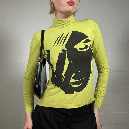 Vintage 2000's Casual Lime Green Turtle Neck Longsleeve Top with Black Futuristic Print (S)