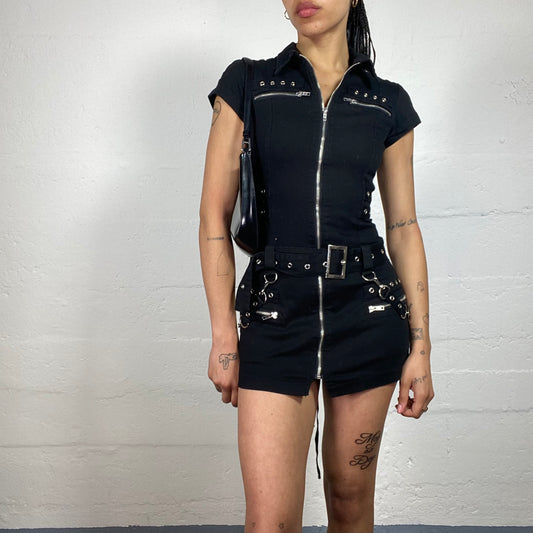 Vintage 2000's Grunge Biker Girl Black Zip Up Collared Mini Dress with Metal Zipper Details (S)