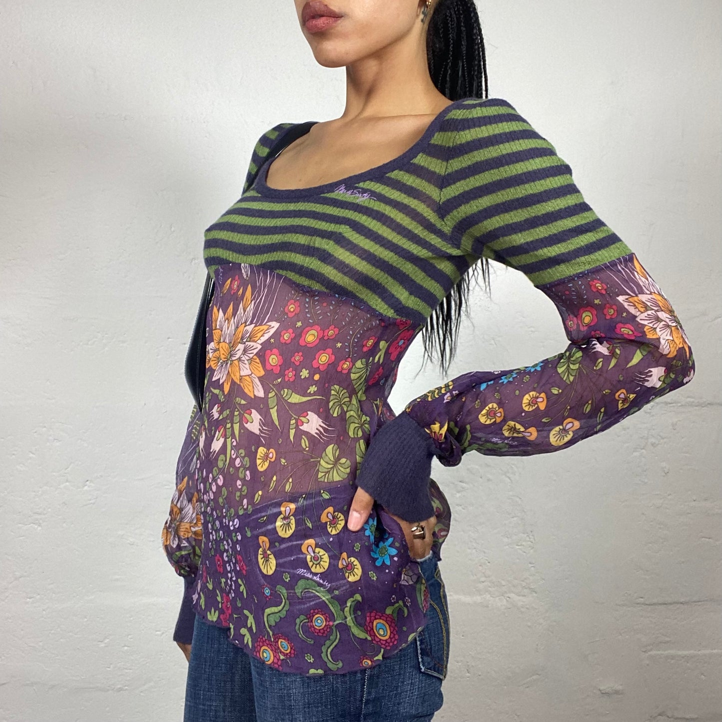 Vintage 2000's Miss Sixty Fairy Girl Green and Blue Striped and Floral Printed on Purple Longsleeve Top (S)