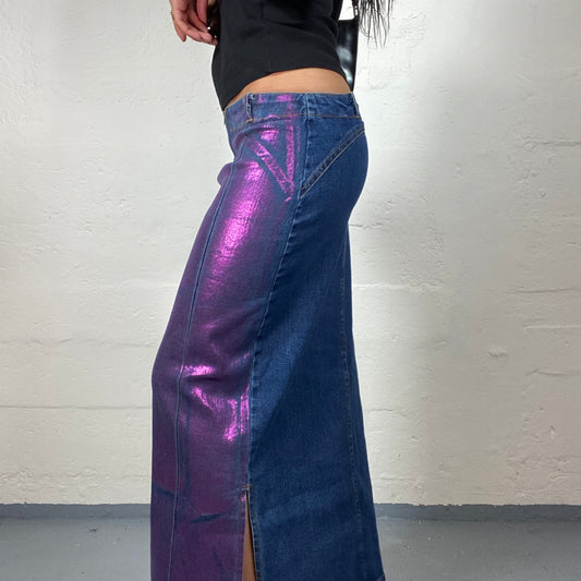 Vintage 2000's Funky Blue Denim with Purple Hologram Print Maxi Skirt (S)