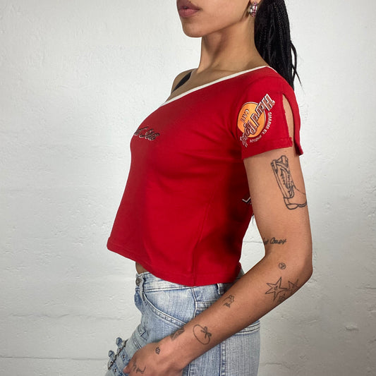 Vintage 2000’s Hard Rock Cafe Red One Shoulder Asymmetric Baby Tee with Back Logo Print (S)