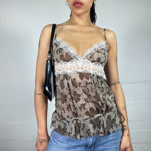 Vintage 2000's Romantic Beige Floral Print Cami Top with White Lace Decor and Ruffled Bottom (S)