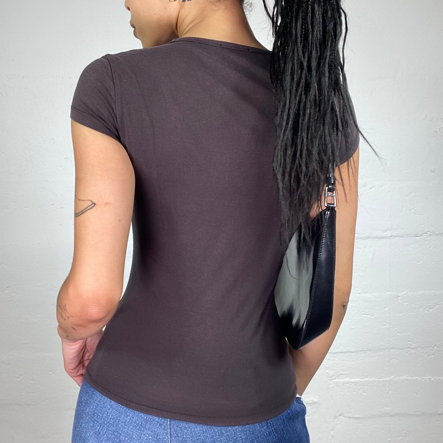 Vintage 2000's Guess Downtown Girl Printed Brown Baby Tee with V-Neck Cut (S)