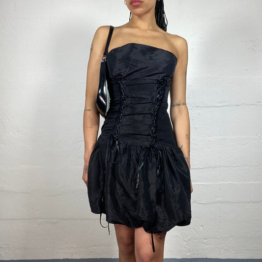 Vintage 2000's Grungy Princess Black Nylon Balloon Skirt Tube Fit Dress with Lace Ups (M)